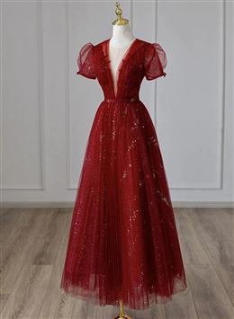 Picture of Wine Red Color Tulle Cap Sleeves Bridesmaid Dresses, Wine Red Color Long Prom Dresses